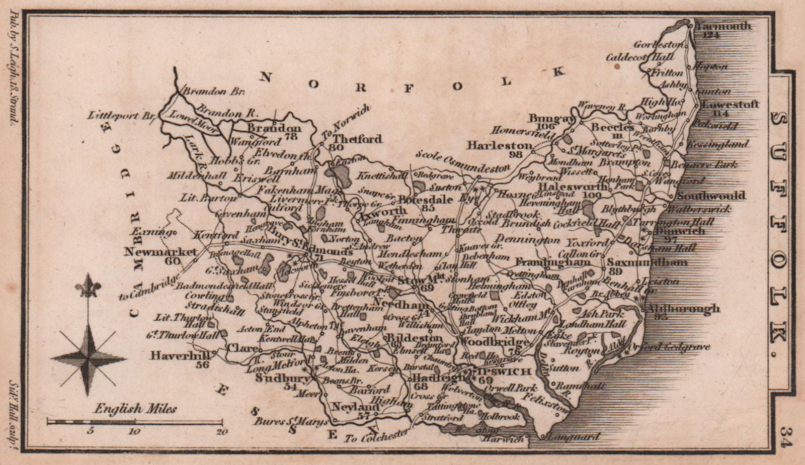 Suffolk miniature county map by Samuel Leigh / Sidney Hall c1820 old